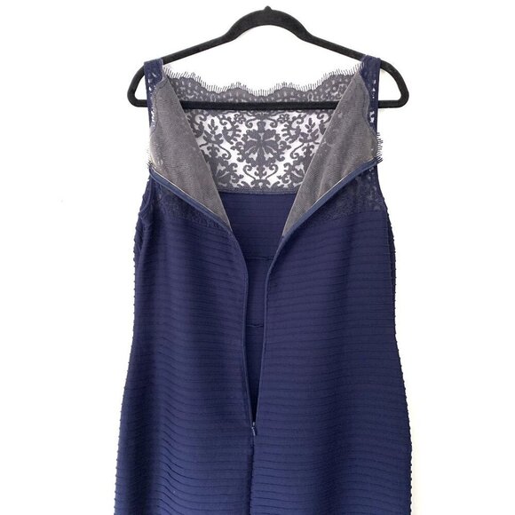 Tadashi Shoji Size L Pintuck Jersey Boatneck Gown Sheer Lace Maxi Dress - Picture 11 of 12